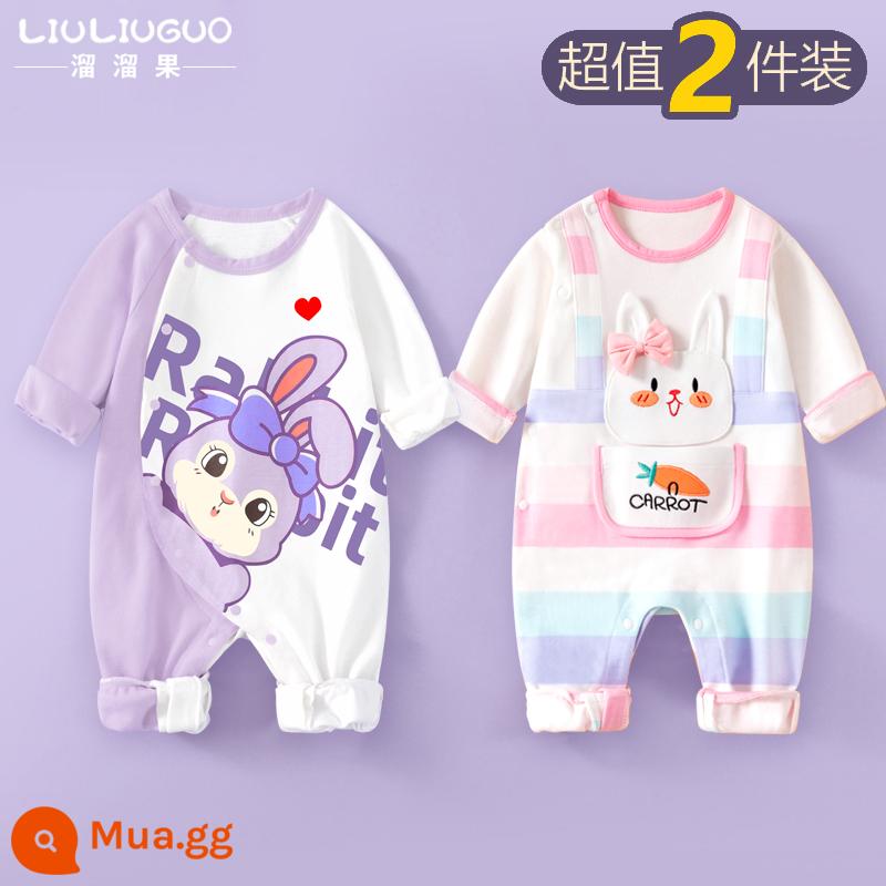 2 bộ quần áo sơ sinh cho bé 0-18 tháng, áo liền quần cotton nguyên chất mùa thu đông, quần áo hậu cung dài tay mùa xuân thu, quần áo mùa thu - Tay áo dài (thỏ Anh + thỏ sọc hồng) phong cách bốn mùa