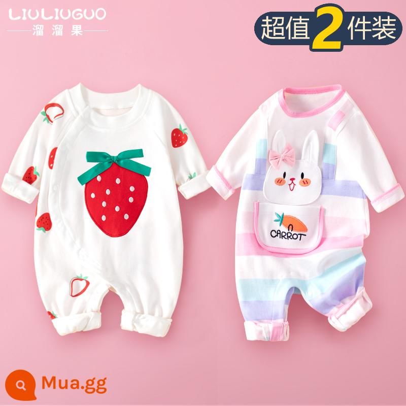 2 bộ quần áo sơ sinh cho bé 0-18 tháng, áo liền quần cotton nguyên chất mùa thu đông, quần áo hậu cung dài tay mùa xuân thu, quần áo mùa thu - Tay áo dài (dâu nhỏ + thỏ sọc hồng) phong cách bốn mùa