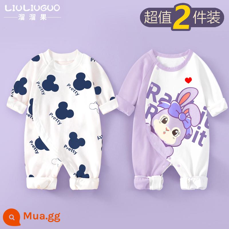 2 bộ quần áo sơ sinh cho bé 0-18 tháng, áo liền quần cotton nguyên chất mùa thu đông, quần áo hậu cung dài tay mùa xuân thu, quần áo mùa thu - Tay áo dài (hoạt hình chuột + thỏ Anh) phong cách bốn mùa