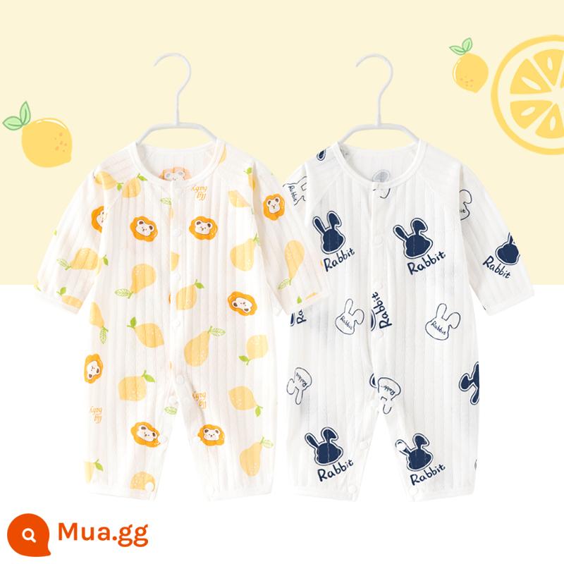 2 bộ quần áo sơ sinh cho bé 0-18 tháng, áo liền quần cotton nguyên chất mùa thu đông, quần áo hậu cung dài tay mùa xuân thu, quần áo mùa thu - Tay áo dài mỏng (quả lê gấu nhỏ + đầu thỏ trắng)