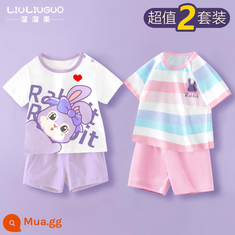 Bộ quần áo ngắn tay 2 món trẻ em cotton bé trai mùa hè quần short mùa hè bé gái Bộ đồ ngủ mùa hè cho bé quần áo mặc ở nhà cho bé - Bộ đồ ngắn tay (thỏ Anh + thỏ sọc hồng)