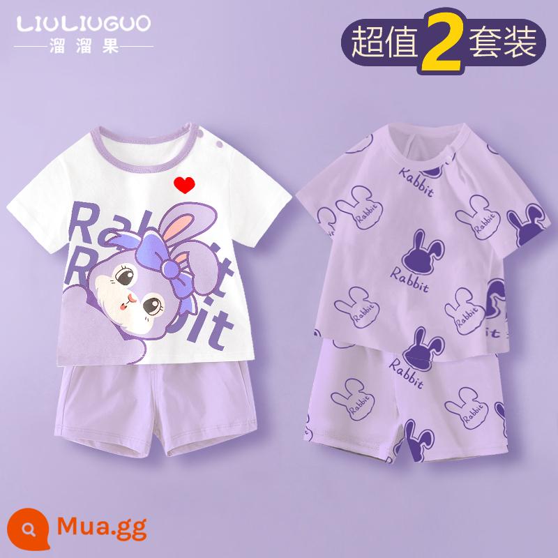 Bộ quần áo ngắn tay 2 món trẻ em cotton bé trai mùa hè quần short mùa hè bé gái Bộ đồ ngủ mùa hè cho bé quần áo mặc ở nhà cho bé - Bộ đồ ngắn tay (thỏ Anh + đầu thỏ tím khoai môn)