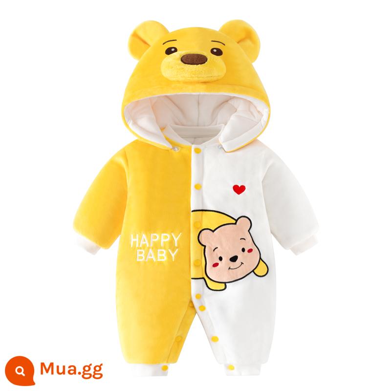 Bộ quần áo sơ sinh thu đông quần áo cotton mùa đông nữ áo onesie Chúc Tết nam dày quần áo mùa đông - Gấu nhung ấm áp hạnh phúc