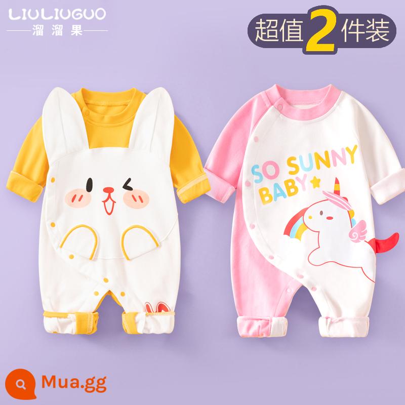 2 bộ quần áo sơ sinh cho bé 0-18 tháng, áo liền quần cotton nguyên chất mùa thu đông, quần áo hậu cung dài tay mùa xuân thu, quần áo mùa thu - Tay áo dài (thỏ nhỏ dễ thương + kỳ lân) phong cách bốn mùa