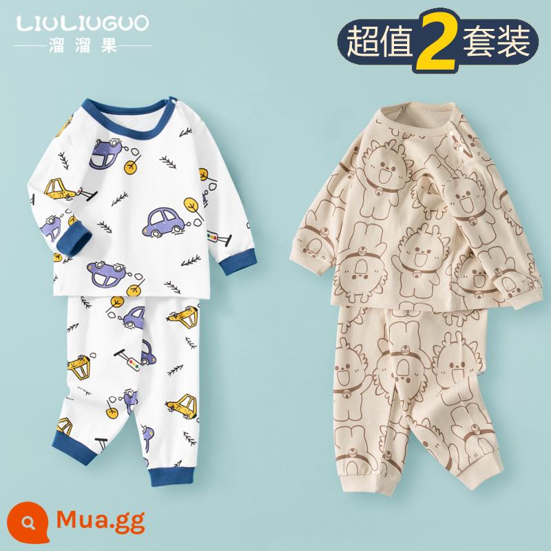 Bộ 2 món đồ lót trẻ em cotton, quần áo mùa thu bé trai, quần áo mùa thu, đồ ngủ bé gái mùa xuân thu, đồ mặc nhà, đồ sơ sinh - Bộ đồ dài tay (ô tô + cà phê rồng in khắp nơi)