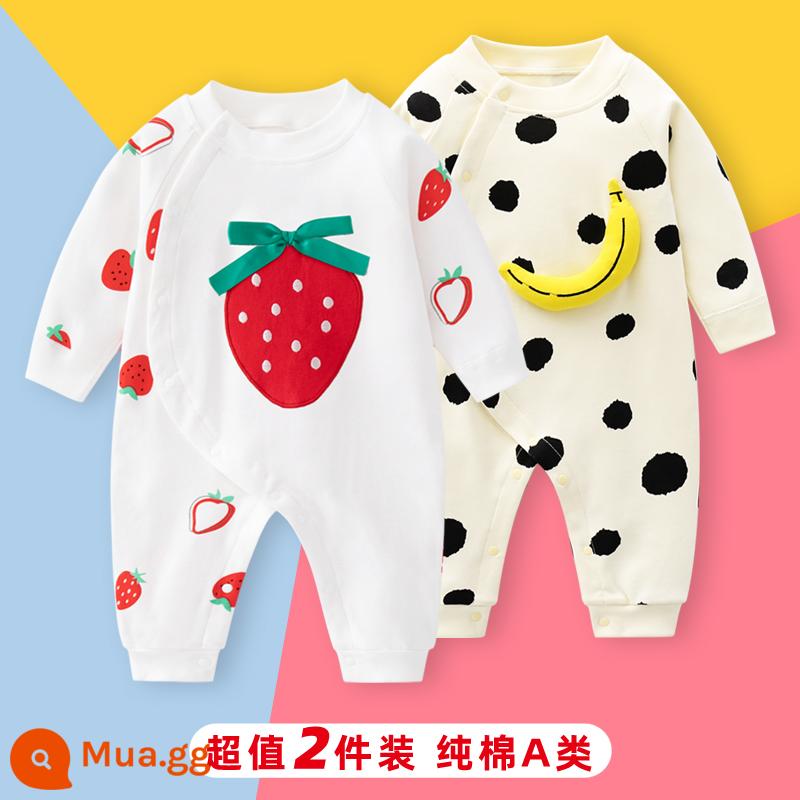 2 bộ quần áo sơ sinh cho bé 0-18 tháng, áo liền quần cotton nguyên chất mùa thu đông, quần áo hậu cung dài tay mùa xuân thu, quần áo mùa thu - Tay áo dài (dâu nhỏ + chuối) phong cách bốn mùa