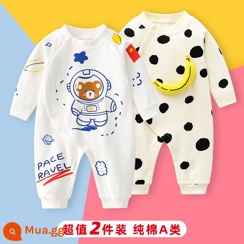 2 bộ quần áo sơ sinh cho bé 0-18 tháng, áo liền quần cotton nguyên chất mùa thu đông, quần áo hậu cung dài tay mùa xuân thu, quần áo mùa thu - Tay áo dài (gấu hàng không + chuối) phong cách bốn mùa