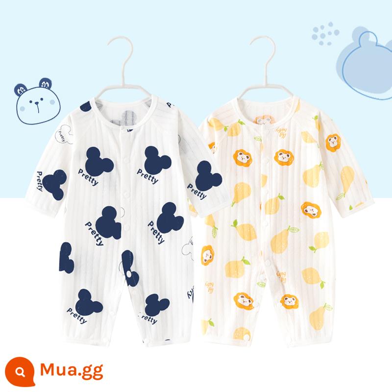 2 miếng thỏ sơ sinh quần áo trẻ em nam và nữ áo liền quần mùa xuân và mùa thu trẻ sơ sinh cotton nguyên chất dài tay quần áo mùa xuân - Tay áo mỏng dài (chuột hoạt hình + lê gấu)