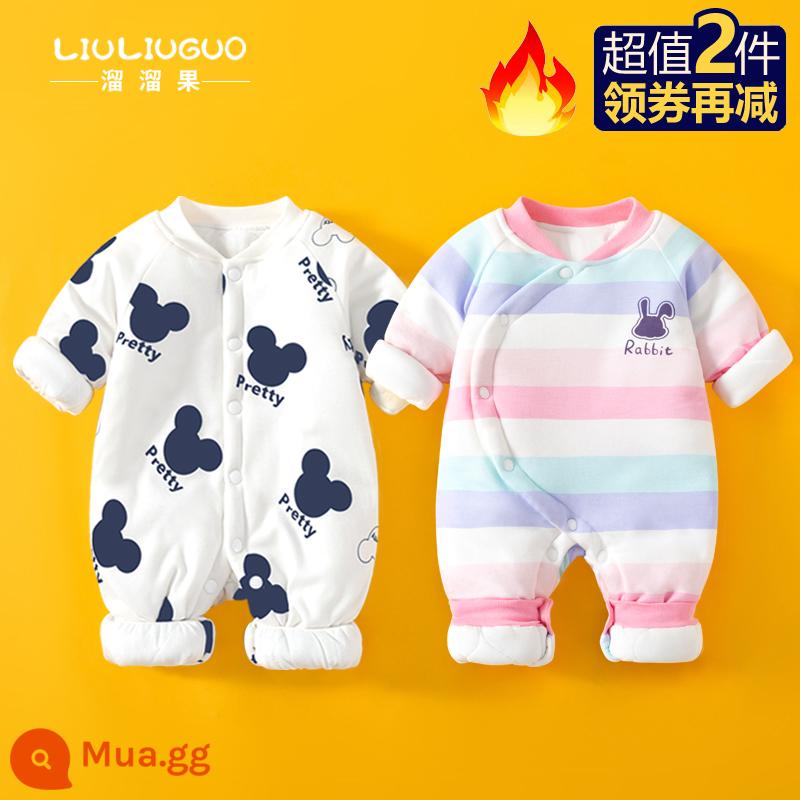 2 món đồ sơ sinh quần áo thu đông jumpsuit bé sơ sinh bộ đồ lót bông cho bé đi chơi từ tháng 3 đến tháng 3 - Bông mỏng (chuột hoạt hình + thỏ sọc hồng)