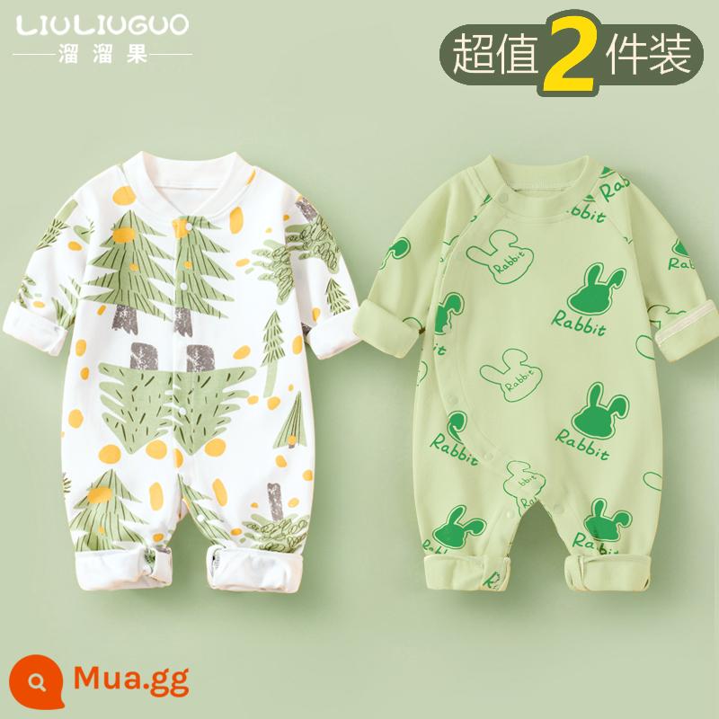 2 bộ quần áo sơ sinh cho bé 0-18 tháng, áo liền quần cotton nguyên chất mùa thu đông, quần áo hậu cung dài tay mùa xuân thu, quần áo mùa thu - Tay áo dài (rừng nhỏ + đầu thỏ xanh) phong cách bốn mùa