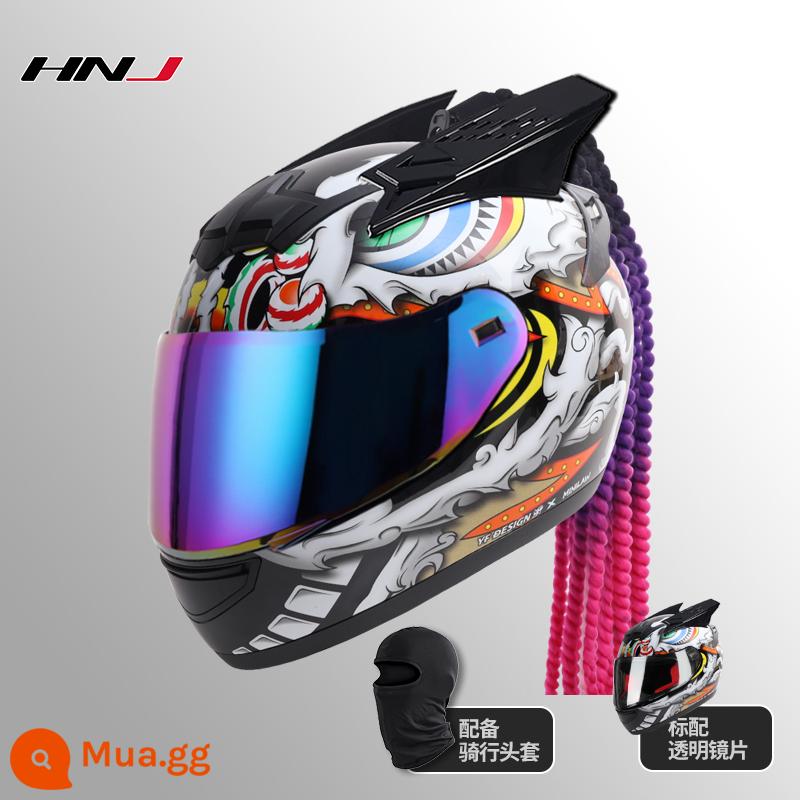 HNJ Mũ Bảo Hiểm Nam Xe Máy Điện Mùa Đông Cá Tính Thoáng Mát Xe Máy Rider Bluetooth Full Mũ Bảo Hiểm Bốn Mùa Mũ Bảo Hiểm Nữ - Sự thức tỉnh của sư tử đen sáng (có phim trắng + gương ma thuật miễn phí + mũ đội đầu) + sừng đen + bím tóc bẩn 1#