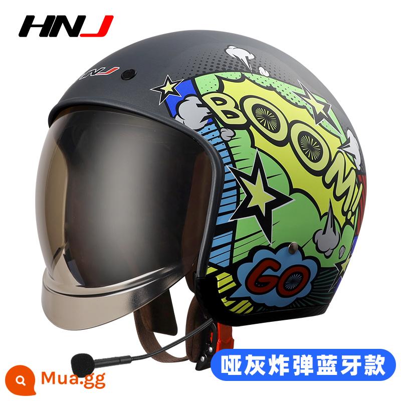 HNJ Retro Mũ Bảo Hiểm Nam Xe Máy Điện Mùa Đông Harley Mũ Bảo Hiểm Nửa Ô Tô Điện Bốn Mùa Đa Năng Mũ Bảo Hiểm Nữ - Bom xám Matt + Bluetooth (Chu vi vòng đầu 53-58cm)