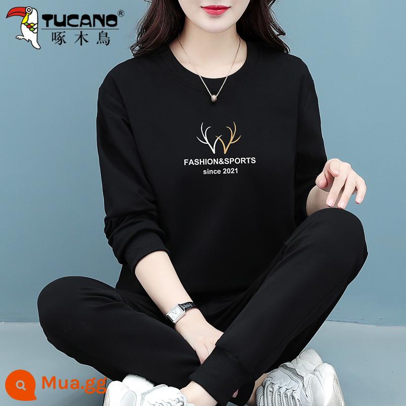 Bộ thể thao Woodpecker Set Spring Spring and Autumn 2022 MỚI MỚI MANG -MIDEN -TAGE LOOD LOOD LOAD SENTER - đen