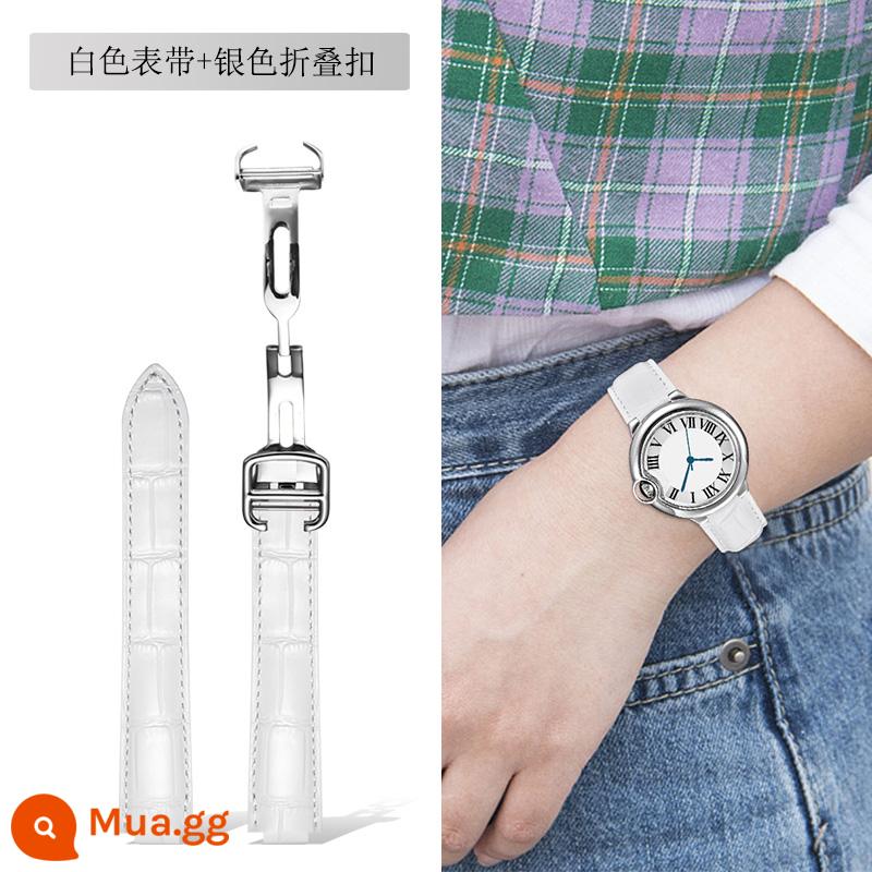 Dây đeo Langdong phù hợp với Cartier Dây đeo bóng màu xanh da bò Cartier Dây đeo màu hồng da bò thật - Dây đeo màu trắng + khóa gấp màu bạc