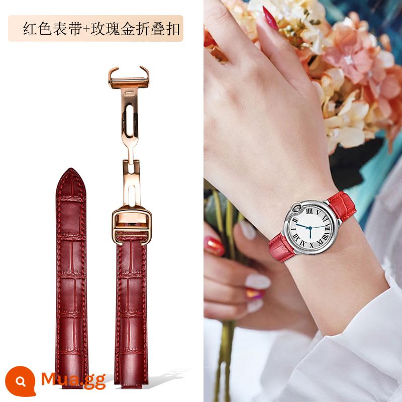 Dây đeo Langdong phù hợp với Cartier Dây đeo bóng màu xanh da bò Cartier Dây đeo màu hồng da bò thật - Dây đeo màu đỏ + khóa gấp màu vàng hồng