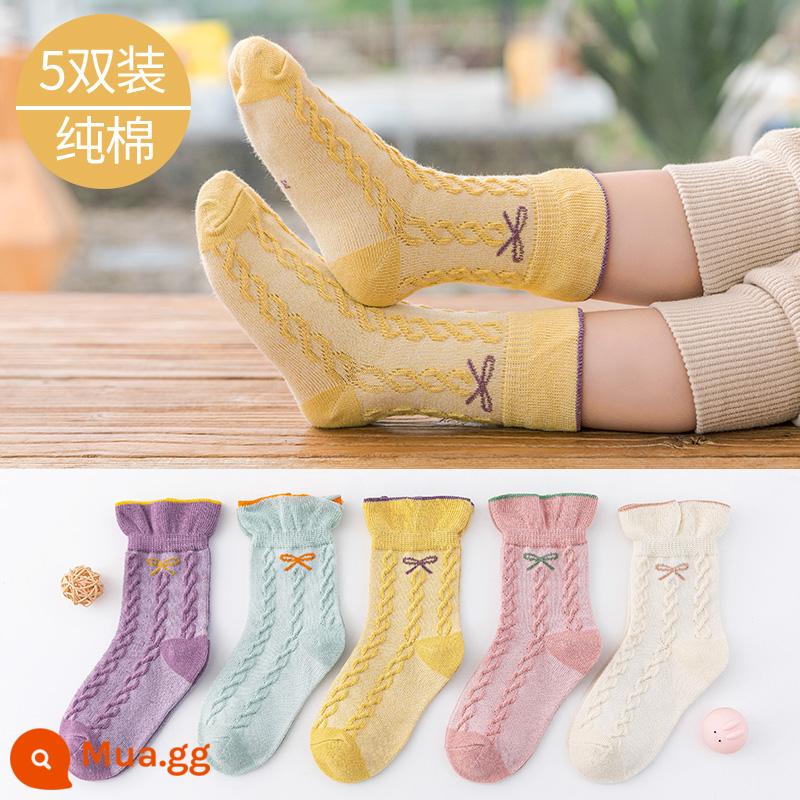 Vớ trẻ em cotton nguyên chất mùa xuân và mùa thu bé trai và bé gái trung và lớn bé trai mùa thu và mùa đông tất ống giữa bé vớ cotton em bé - Tất cotton ngang bắp chân có nơ ren LW8125-5 đôi