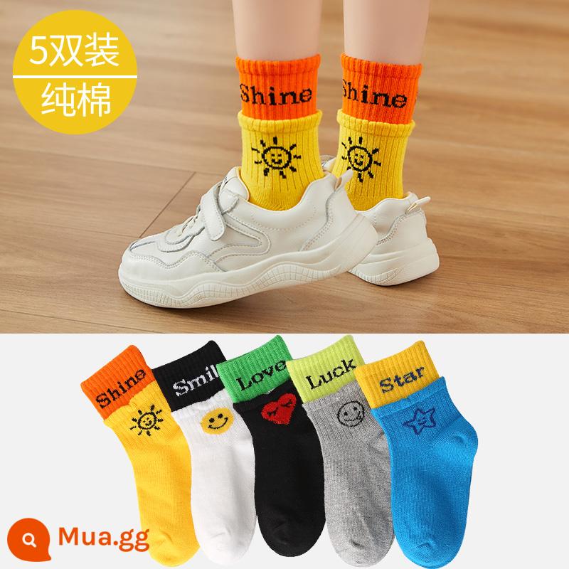 Vớ của các cô gái mùa thu và mùa đông cotton cotton mid -tube trẻ em với vòng tròn ấm làm tóc dày vào mùa đông cô gái dễ thương cho bé - Tất nối thời trang-5 đôi (tất cotton thu đông)