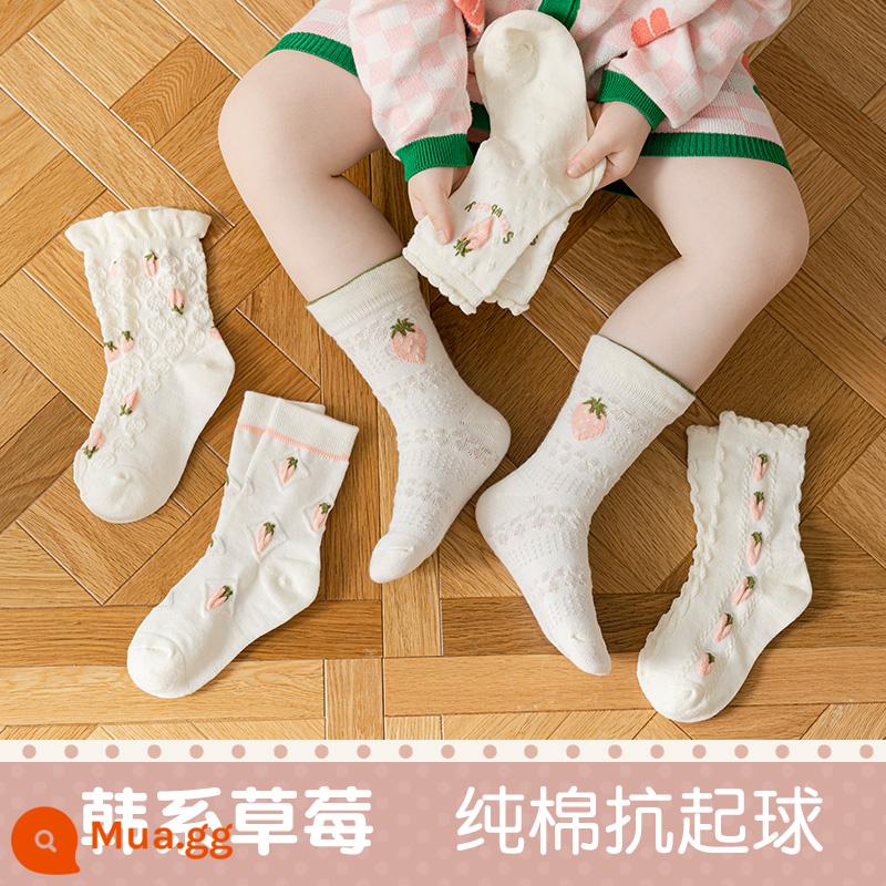 Vớ bé gái mùa xuân và mùa thu giữa ống vớ trẻ em mùa xuân vớ trẻ em cotton nguyên chất công chúa dễ thương bé gái vớ cotton ống dài cho bé - Dâu tây nhỏ (gói 5 đôi)