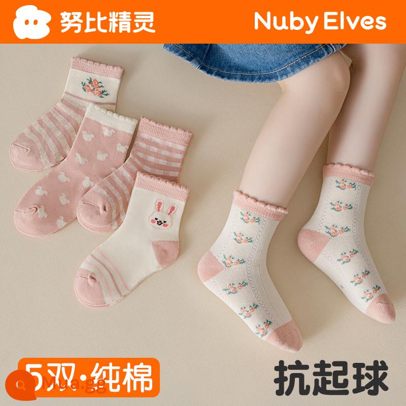 Vớ trẻ em mùa thu đông bé trai và bé gái cotton nguyên chất Plus nhung dày dặn tất bé trai và bé gái tất mùa đông cho bé - Cotton Nguyên Chất Hoa Thỏ Hồng (5 Đôi)