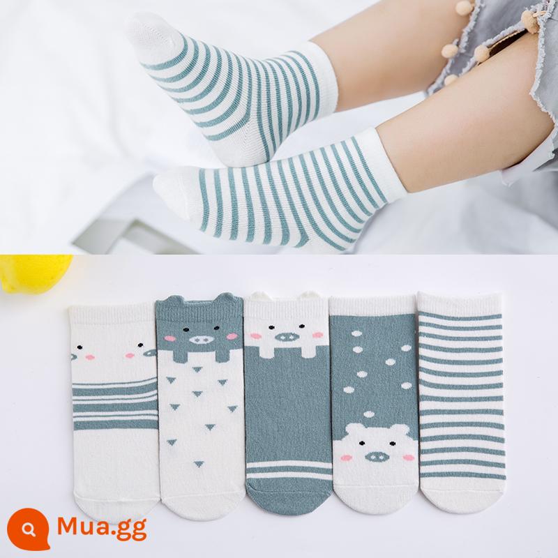 Vớ trẻ em cotton nguyên chất mùa xuân và mùa thu bé trai và bé gái trung và lớn bé trai mùa thu và mùa đông tất ống giữa bé vớ cotton em bé - Lợn xanh đậm - 5 cặp