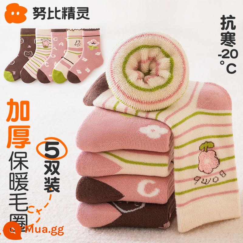 Vớ của các cô gái mùa thu và mùa đông cotton cotton mid -tube trẻ em với vòng tròn ấm làm tóc dày vào mùa đông cô gái dễ thương cho bé - Hoa Mèo-5 đôi (terry ấm áp)