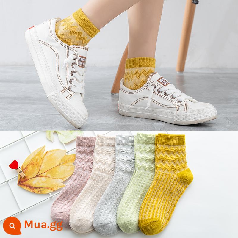 Vớ trẻ em cotton nguyên chất mùa xuân và mùa thu bé trai và bé gái trung và lớn bé trai mùa thu và mùa đông tất ống giữa bé vớ cotton em bé - Lưới mỏng gợn sóng màu trơn (nữ) -5 đôi