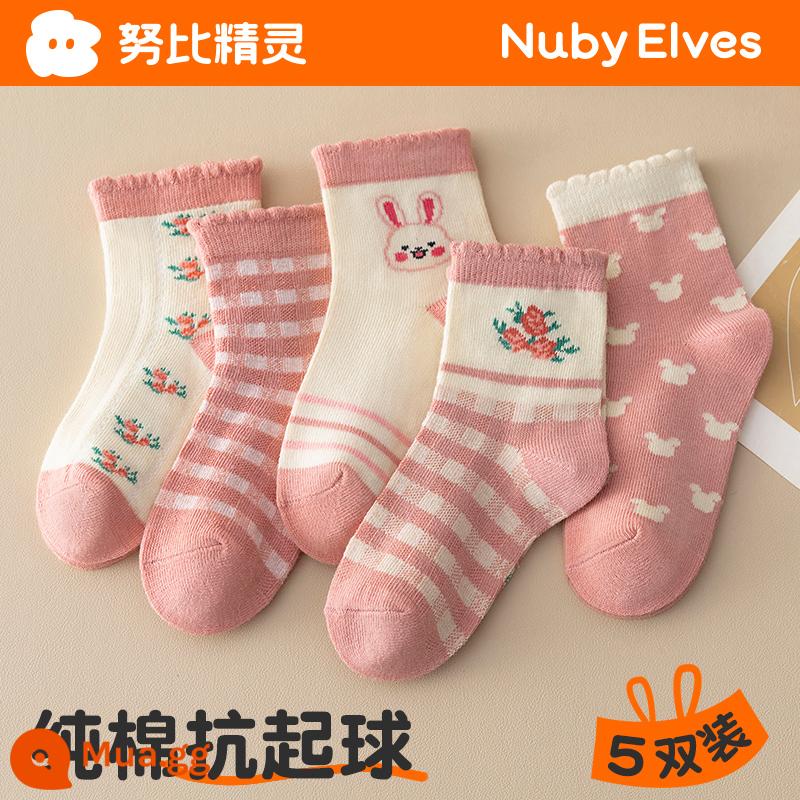 Vớ của các cô gái mùa thu và mùa đông cotton cotton mid -tube trẻ em với vòng tròn ấm làm tóc dày vào mùa đông cô gái dễ thương cho bé - Hoa Thỏ Hồng-5 Đôi (Vớ Cotton Thu Đông)