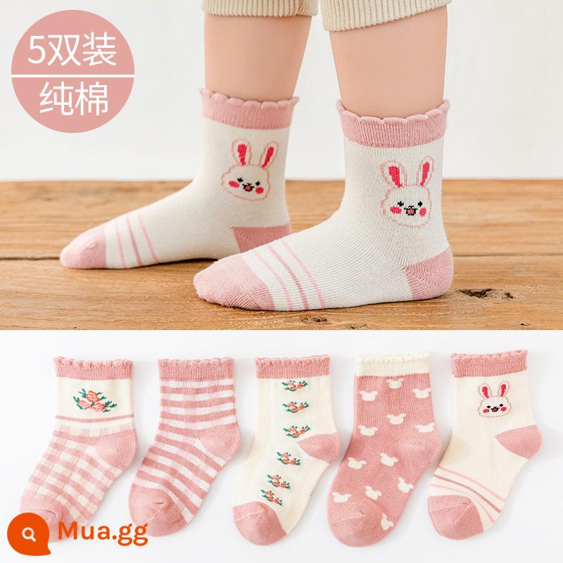 Vớ trẻ em cotton nguyên chất mùa xuân và mùa thu bé trai và bé gái trung và lớn bé trai mùa thu và mùa đông tất ống giữa bé vớ cotton em bé - Tất cotton dài đến bắp chân hình thỏ màu hồng LW8107-5 đôi