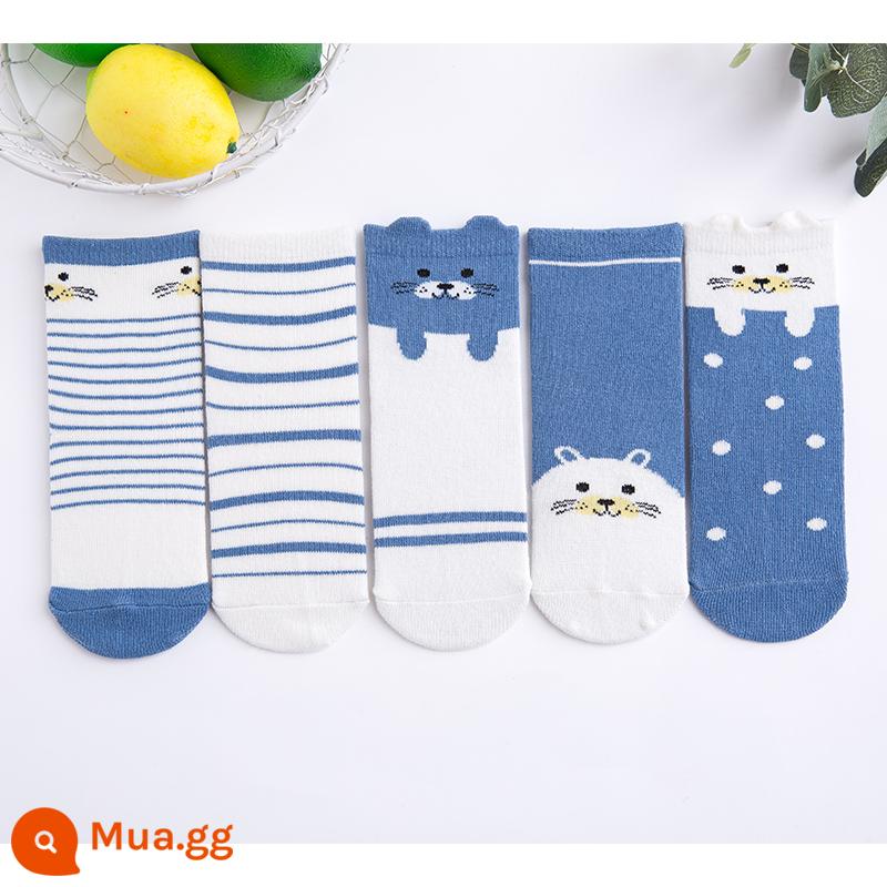 Vớ trẻ em cotton nguyên chất mùa xuân và mùa thu bé trai và bé gái trung và lớn bé trai mùa thu và mùa đông tất ống giữa bé vớ cotton em bé - Sư tử biển xanh-5 cặp