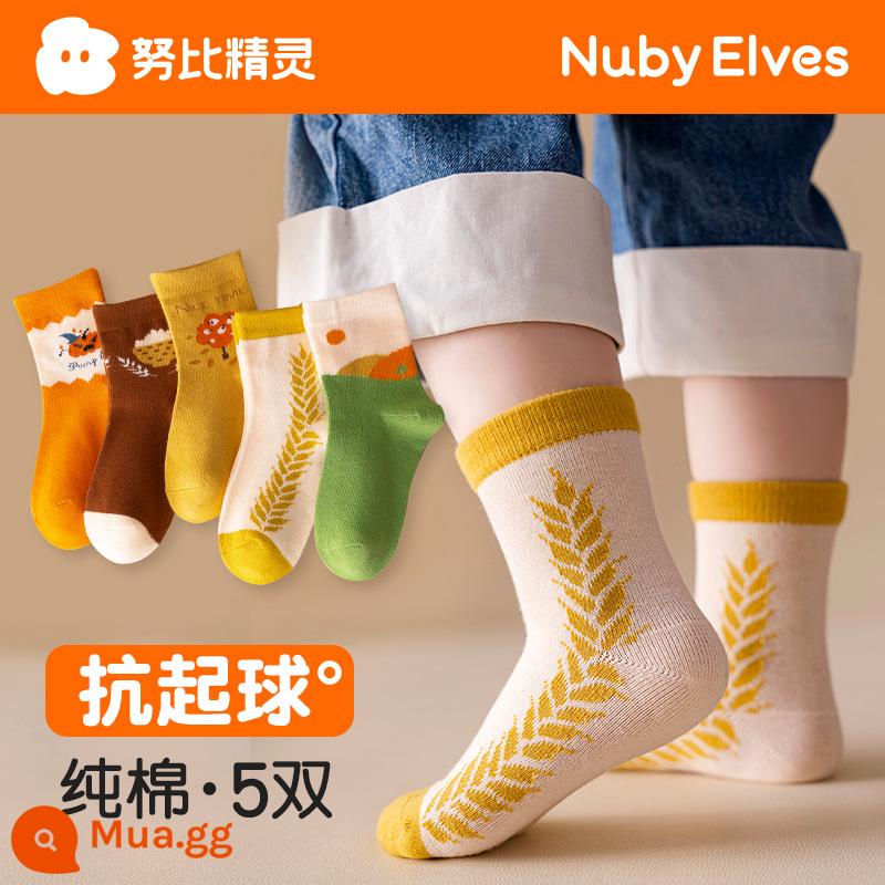 Vớ trẻ em mùa thu đông bé trai và bé gái cotton nguyên chất mùa đông Plus nhung dày dặn tất bé trai bé mùa đông giữa ống tất - Bông tai lúa mì mùa thu vàng (5 đôi)