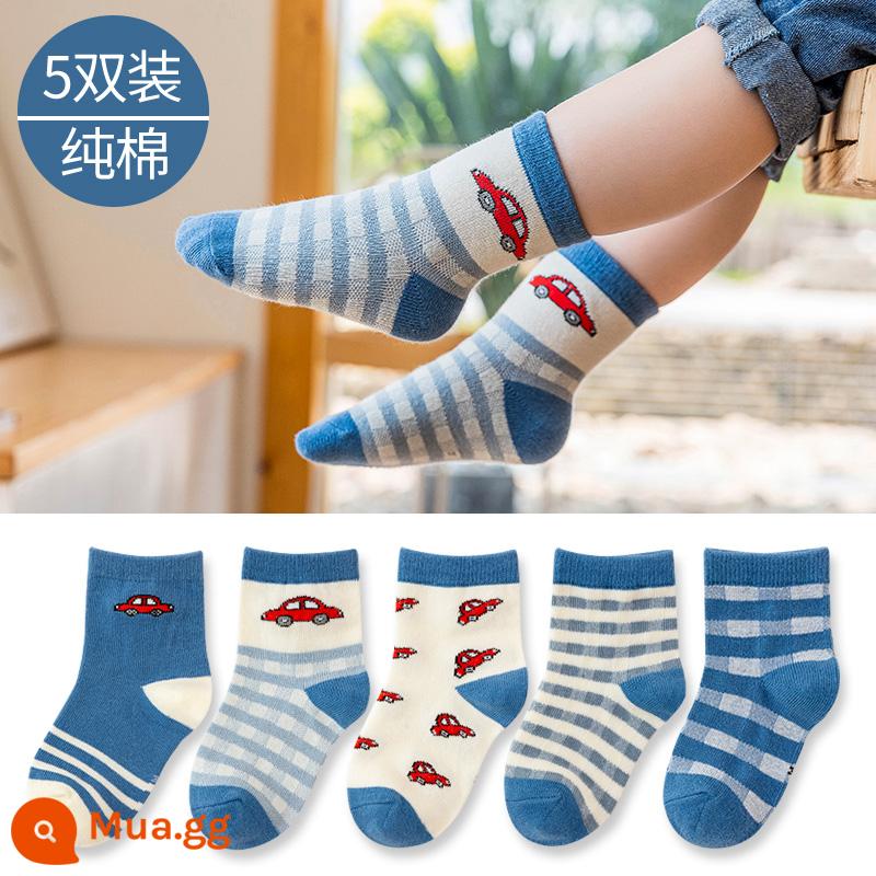 Vớ trẻ em cotton nguyên chất mùa xuân và mùa thu bé trai và bé gái trung và lớn bé trai mùa thu và mùa đông tất ống giữa bé vớ cotton em bé - Tất cotton dài đến bắp chân sọc xanh LM8108-5 đôi