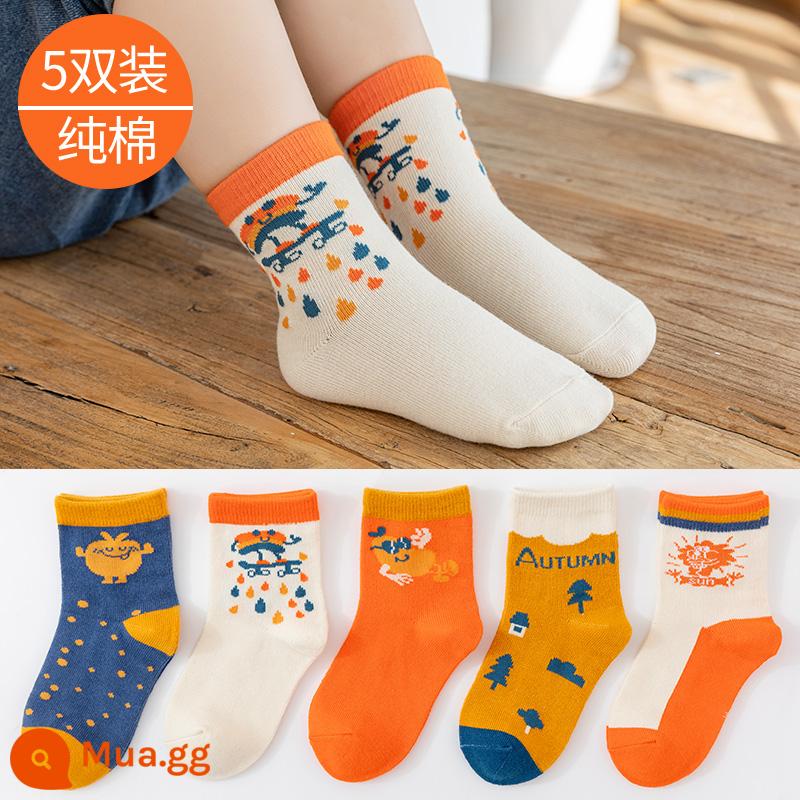 Vớ trẻ em cotton nguyên chất mùa xuân và mùa thu bé trai và bé gái trung và lớn bé trai mùa thu và mùa đông tất ống giữa bé vớ cotton em bé - L8110-Bí ngô trượt ván-5 đôi