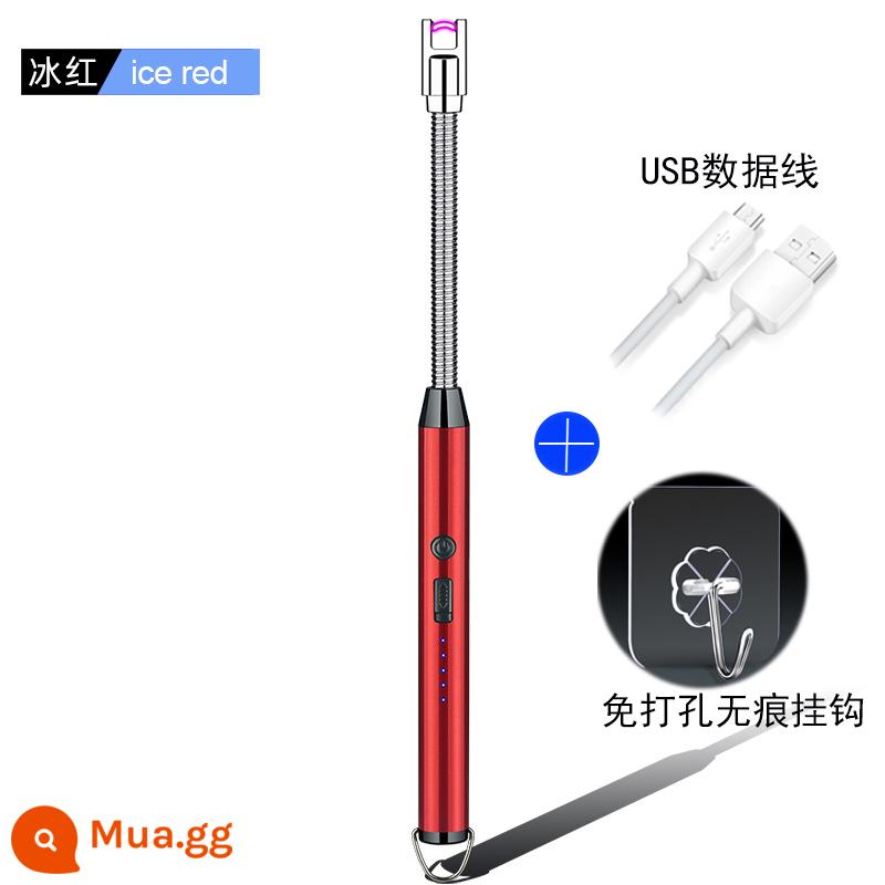 Bếp Gas Âm Xung Đánh Lửa Nhà Bếp Gas Âm Tay Cầm Dài Đánh Lửa Điện Tử Súng Súng Dính Bật Lửa Nhà Bếp Hiện Vật - Khuỷu tay 360° được nâng cấp lên dung lượng lớn, màu đỏ băng, cáp dữ liệu miễn phí và móc