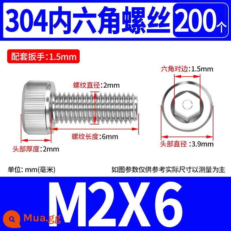 Vít lục giác bên trong bằng thép không gỉ 304 hình trụ đầu cốc đầu vít M1.6 M2M3M4M5M6M8M10M12 - M2*6(200 chiếc)