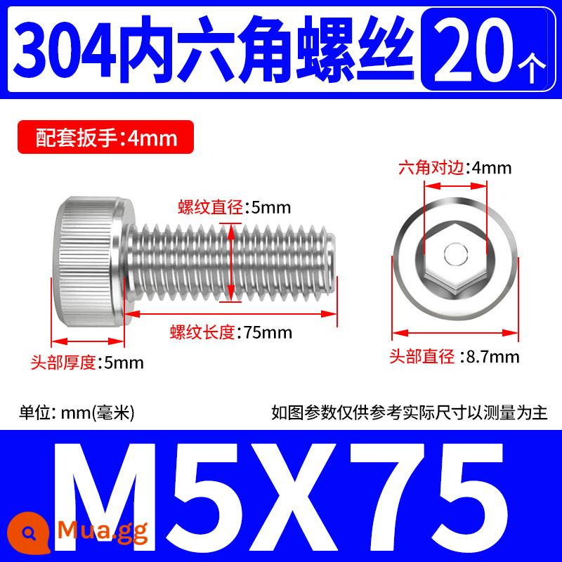 Vít lục giác bên trong bằng thép không gỉ 304 hình trụ đầu cốc đầu vít M1.6 M2M3M4M5M6M8M10M12 - M5*75(20 chiếc)