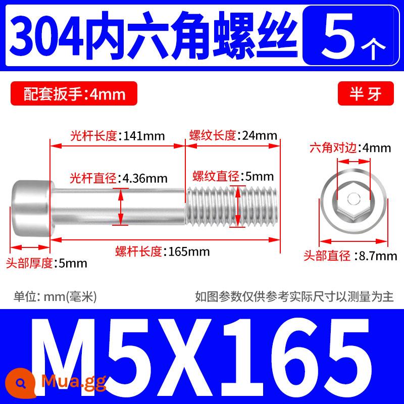 Vít lục giác bên trong bằng thép không gỉ 304 hình trụ đầu cốc đầu vít M1.6 M2M3M4M5M6M8M10M12 - M5*165(5 cái)