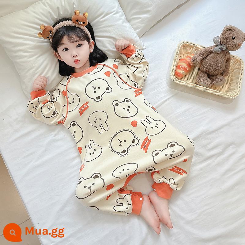 Bộ đồ ngủ một mảnh cho bé gái mùa xuân và mùa thu cotton nguyên chất Bộ đồ ngủ một mảnh cho bé gái mùa thu và mùa đông quần áo ở nhà mùa xuân cho trẻ em - Gấu cam in khắp nơi