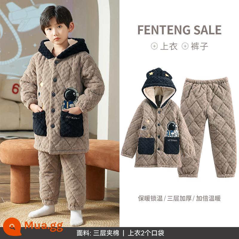 Fenteng Boy Pyjamas Coral Velvet Cotton được đệm trong mùa đông làm nóng trẻ em ở trẻ em, Big Boy Boys In Winter Flang - Màu nâu nhạt [đốm]