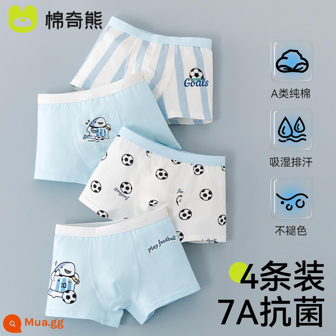 Quần lót bé trai cotton nguyên chất dành cho trẻ em Quần đùi boxer 100% cotton dành cho trẻ em quần đùi boxer trẻ em cỡ vừa và lớn không có kẹp PP - Gói Football Shark-4, cotton chải kỹ, không véo mông