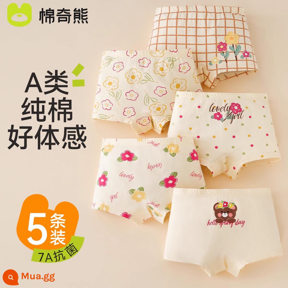 Quần lót trẻ em bé gái cotton nguyên chất Quần lót boxer quần đùi trẻ em vừa và lớn Bé gái 100% cotton không véo mông - Garland Bear - Gói 5 chiếc, nâng cấp lên kháng khuẩn 7A