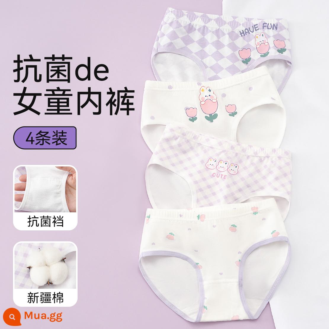 Quần lót bé gái, quần đùi cotton trẻ em, quần lót boxer 100% cotton cho bé, bé gái vừa và lớn, quần short không pp - Gói Thỏ Hái Hoa-4 (Hình Tam Giác) Nâng Cấp Đáy Quần Kháng Khuẩn 7A