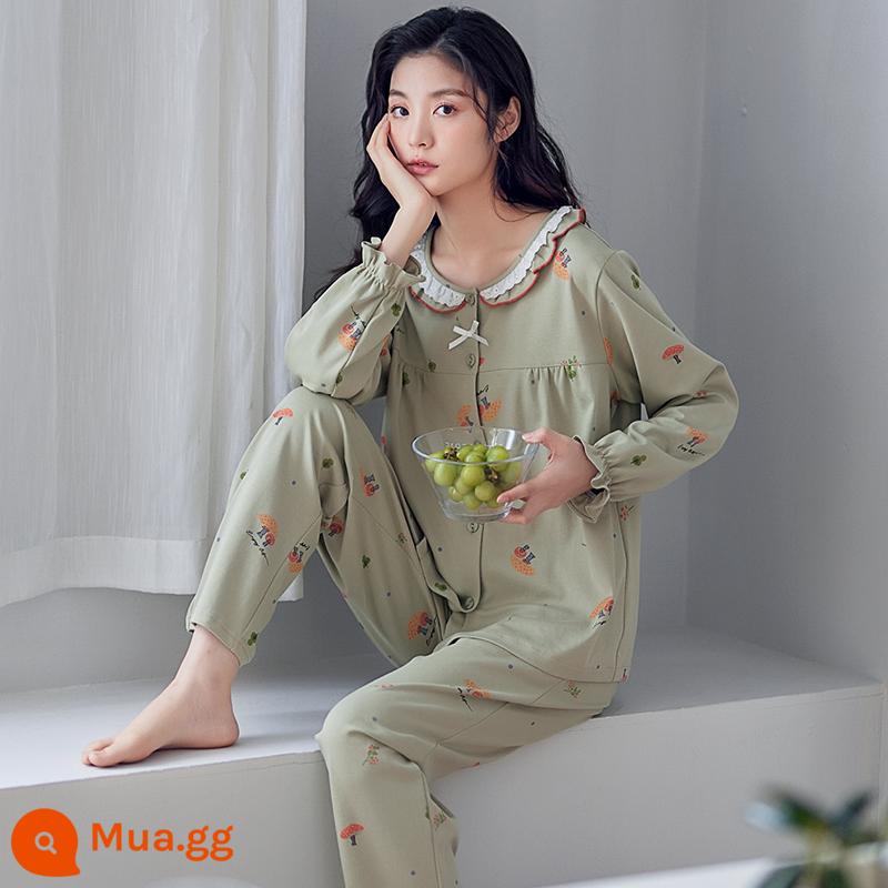 Bộ đồ ngủ Fenteng hợp thời trang mới dành cho nữ mùa xuân và mùa thu cotton nguyên chất áo cardigan nữ dài tay giản dị có thể mặc bên ngoài Bộ cotton phục vụ tại nhà - N3708