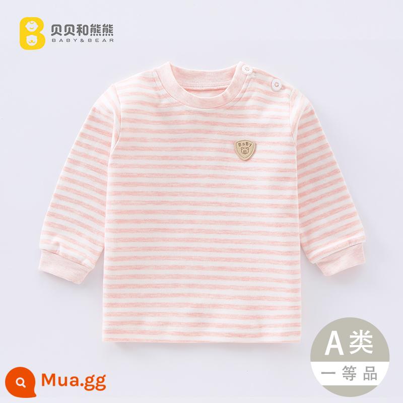 Áo liền quần mùa thu cho bé mùa xuân thu trẻ em cotton nguyên chất sưởi ấm quần áo bé trai và bé gái áo sơ mi đáy đơn cho bé - Áo sọc hồng