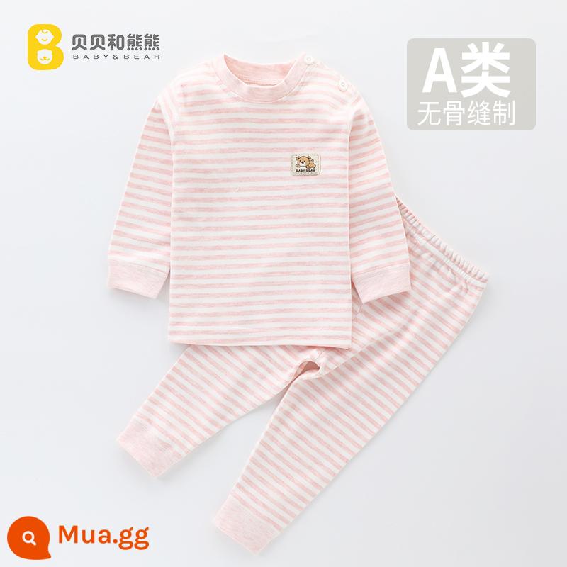 Bộ đồ lót trẻ em cotton nguyên chất quần áo mùa thu trẻ em quần vệ sinh quần áo bé trai và bé gái bé đáy đồ ngủ bên trong mùa xuân và mùa thu - Suit không xương sọc-Hồng