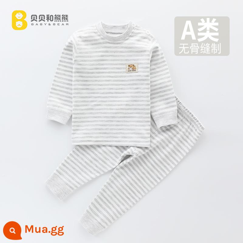 Bộ đồ lót trẻ em cotton nguyên chất quần áo mùa thu trẻ em quần vệ sinh quần áo bé trai và bé gái bé đáy đồ ngủ bên trong mùa xuân và mùa thu - Suit Sọc Không Xương - Xám