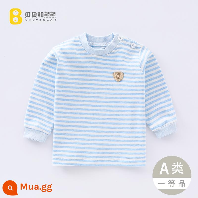 Áo liền quần mùa thu cho bé mùa xuân thu trẻ em cotton nguyên chất sưởi ấm quần áo bé trai và bé gái áo sơ mi đáy đơn cho bé - Sọc trên cùng màu xanh