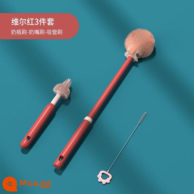 Bàn chải cọ rửa bình sữa cho bé hiện vật núm vú giả silicone đặc biệt ống hút bàn chải cọ rửa bộ cọ rửa bình sữa súc rửa - Bộ vệ sinh ba mảnh-Vell Red