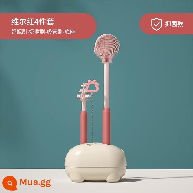 Bàn chải cọ rửa bình sữa cho bé hiện vật núm vú giả silicone đặc biệt ống hút bàn chải cọ rửa bộ cọ rửa bình sữa súc rửa - [Nano Silver Kháng khuẩn] Bộ bốn mảnh-Vell Red + Đầu bàn chải thay thế miễn phí