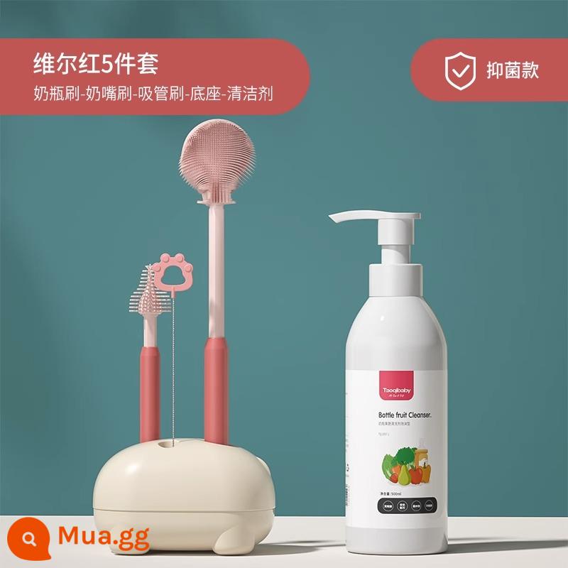 Bàn chải cọ rửa bình sữa cho bé hiện vật núm vú giả silicone đặc biệt ống hút bàn chải cọ rửa bộ cọ rửa bình sữa súc rửa - [Nano Bạc Kháng Khuẩn] Bộ 4 món*-Vil Red + Nước Rửa Bình 500ml + Đầu Bàn Chải Có Thể Thay Thế Miễn Phí