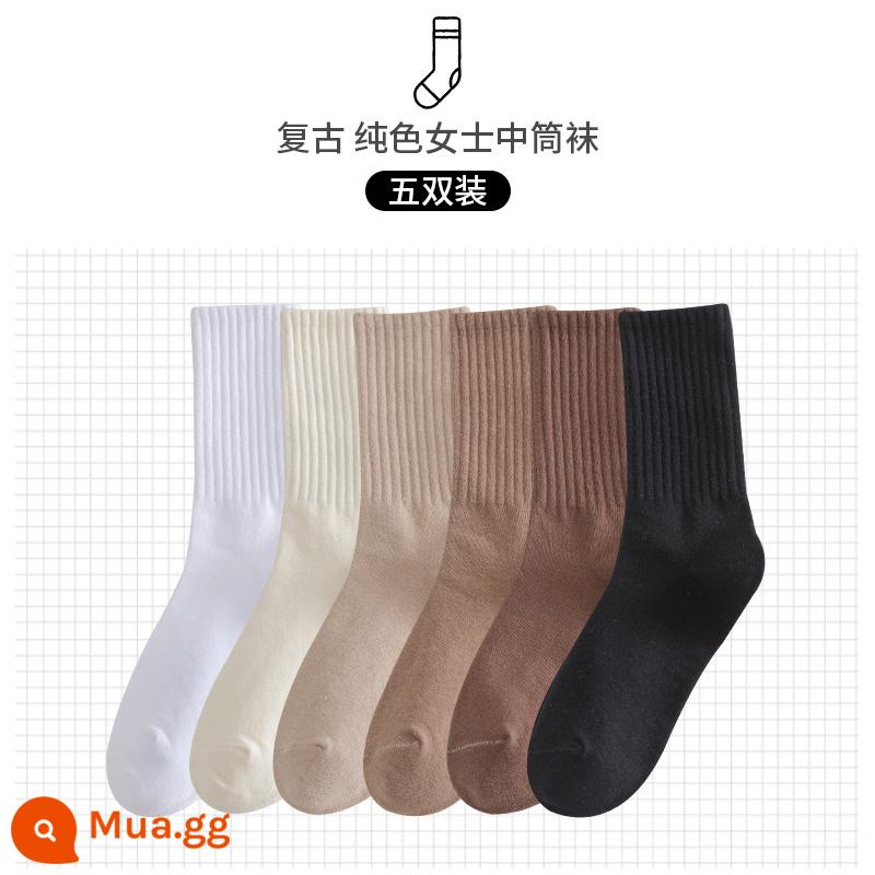 Vớ nữ đến giữa bắp chân cotton nguyên chất mùa xuân thu đông phong cách Nhật Bản ngọt ngào và dễ thương vớ không xương phong cách người nổi tiếng trên Internet hợp thời trang - Năm đôi tất dài đến bắp chân màu trơn kiểu cổ điển dành cho nữ